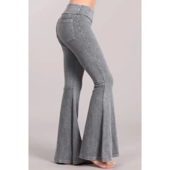 Light Gray Mineral Wash French Terry Flared Bell Bottom Pull On Pants w/ Pockets - Picture 2 of 5